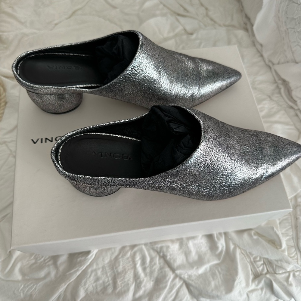 Vince Italian Metallic Silver Mules